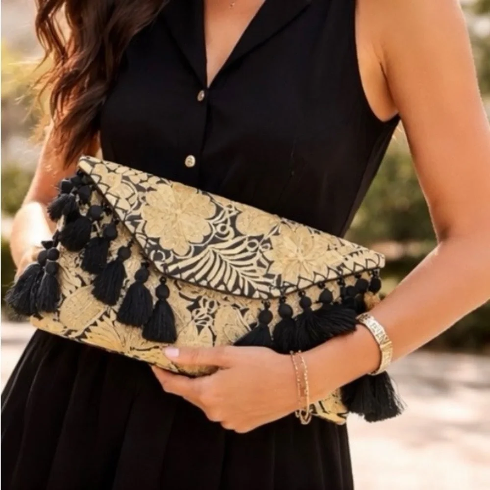 Black & Gold Embroidered Tassel Clutch Boho Statement Envelope Bag